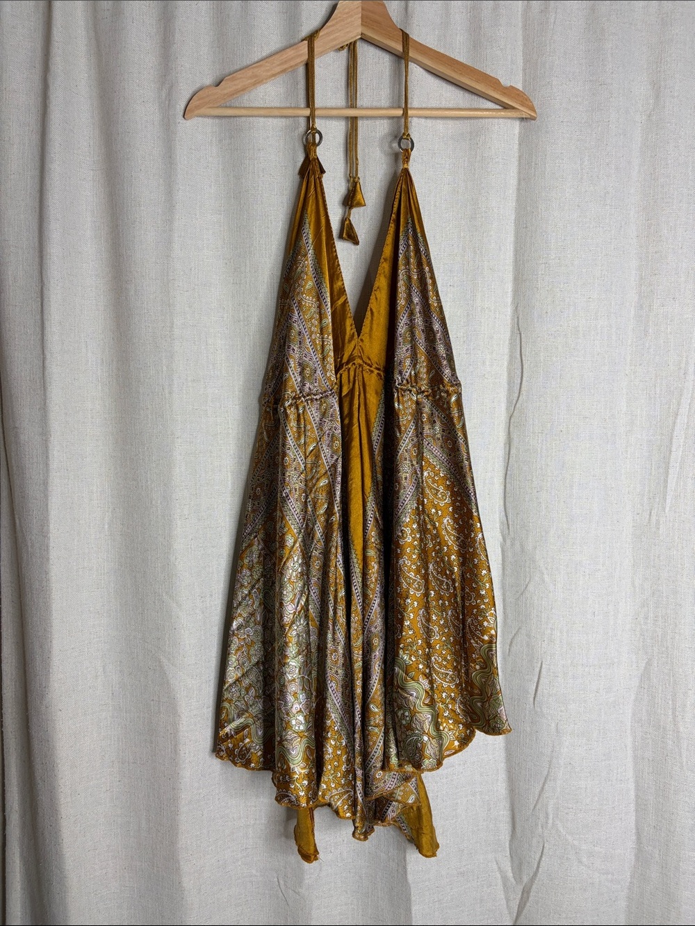 Women's Mustard Paisley Asymmetrical Halter Dress
